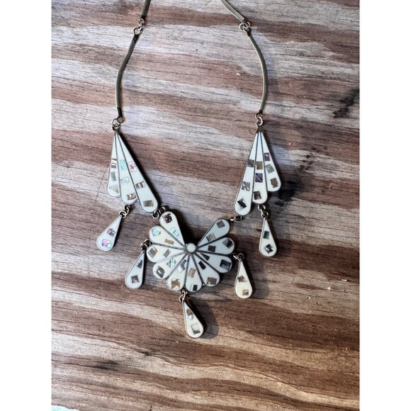 Vintage Mexican Sterling Silver Necklace With White & Abalone Inlay Floral - Picture 6 of 8